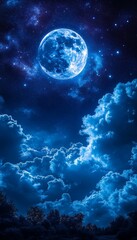Celestial Tapestry Full Moon Glowing Above a Sea of Fluffy White Clouds, Stars Twinkling.