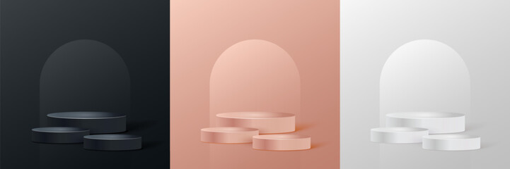 Realistic 3d background with cylinder podium. Black, red, white glowing light semi circles layers scene. Abstract minimal sceneMinimal mockup or abstract product display presentation, Stage showcase.