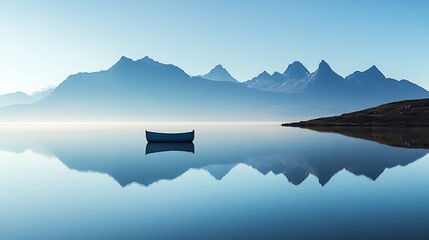 Serene lake with boat, and mountain reflection.