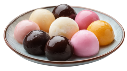 Mochi Delight: A beautifully arranged plate of colorful mochi, each a perfect sphere, offering a tempting glimpse into the world of Japanese sweets.