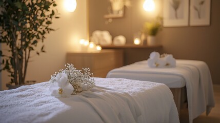 Serene Wellness Center with Soft Lighting and Clean White Linens, Evoking Tranquility and Relaxation