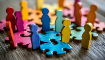 Colorful wooden figures represent diverse people connecting on jigsaw pieces. Teamwork, diversity concept visualizes HR strategies for inclusive workplace cultures. Different colored figures connect