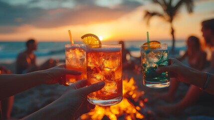 Sunset Beach Bonfire, Friends Toast Drinks