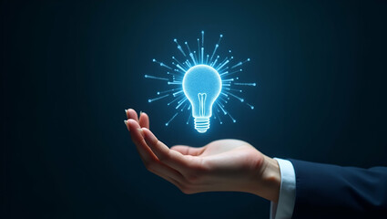 Hand presenting holographic business insight analysis innovation symbol in empty space background concept as A hand showcases holographic business insight analysis innovation symbol illustrating busin