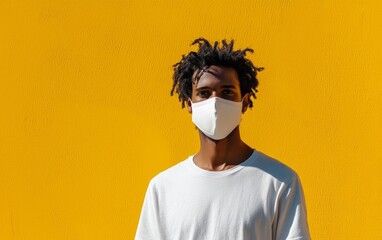 Person wearing a face mask stands in front of a bright yellow wall during a sunny day