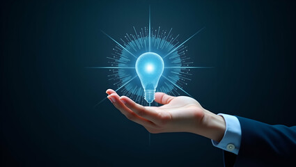 Holographic Business Insight Strategy Technology Symbol Presented by Hand in Minimalist Space