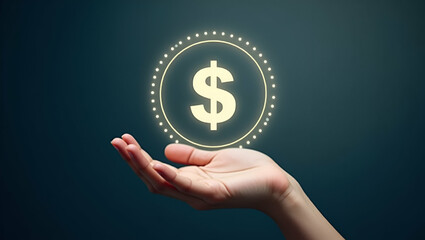 Hand Showcasing Holographic Investment Stock Market Symbol: A Minimalist Concept for Stock Market Investment in an Empty Space Background