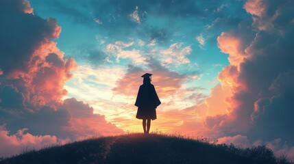 Silhouette of graduate at sunset amidst vibrant clouds