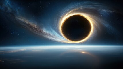 Naklejka premium A mesmerizing view of a glowing black hole in space, surrounded by stars and cosmic dust, illustrating cosmic phenomena.