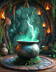 Halloween product display background podium, cauldron bubbling green potion and floating ghostly wisps, mystical witch's lair backdrop, ad, podium platform, product presentation space