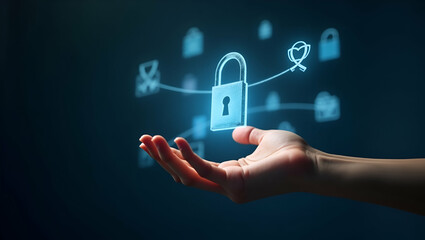 Flat Hand Presenting Holographic Trademark Icons for Safeguarding Intellectual Property