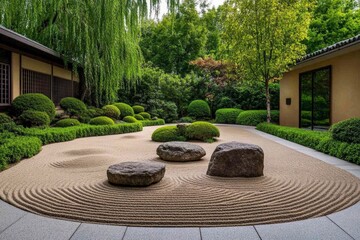 Obraz premium A Japanese rock garden, with carefully raked sand and a few carefully placed stones