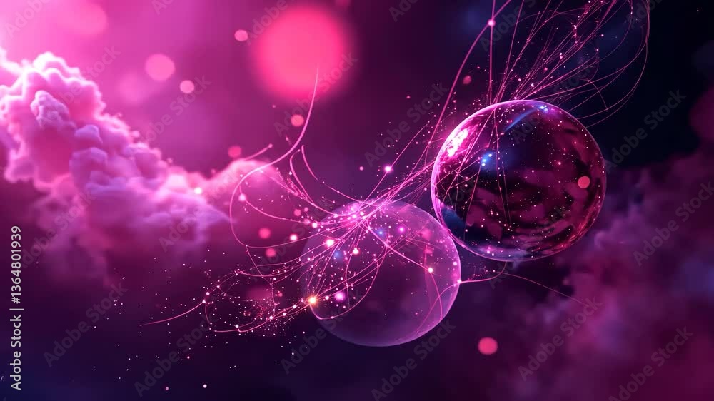 Wall mural abstract composition with glowing spheres particle trails and pink cloud background