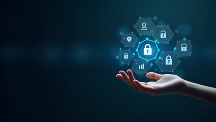 Flat Hand interacting with holographic KYC compliance interface showing identity verification E KYC icons in empty space concept as Hand interacts with holographic KYC compliance interface displaying 