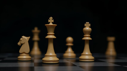 Strategic Chess Gameplay: King and Knight Pieces on Dark Background - Classic Elements and Empty Space for Creative Stock Photography