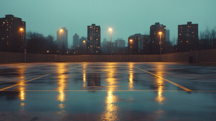 Obraz premium A sprawling, empty parking lot sits beneath the fading twilight, its asphalt slick from fresh rain. The glowing streetlights create golden halos on the pavement, while reflections of towering