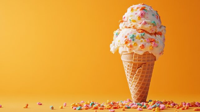 Colorful and Whimsical Fruity Pebbles Cereal Ice Cream Cone with Sprinkles a Delightful Summer Treat