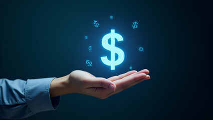 Flat Hand Holding Holographic Planning Icon for Profit Management & Expenses