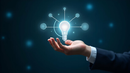 Showcasing Holographic Business Insight Analysis Technology: A Hand Presenting Innovative Business Analysis Symbols Against a Minimalist Background with Empty Space for Creative Use