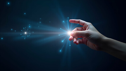 Hand using holographic device to create abstract art digital wallpaper with empty space background concept as A hand operating a holographic device to design abstract art digital wallpapers highlighti