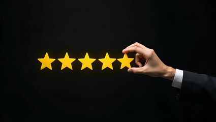 Flat Hand Marking Five Yellow Stars on Black Background: A Cute Vector Illustration Symbolizing Top Customer Satisfaction and High-Quality Product Service Evaluations in a Smart Business Tone