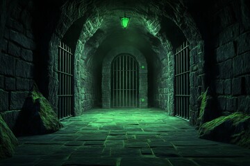 Fototapeta premium A cold underground prison with rusty metal bars, glowing green moss, and mysterious carvings on the walls