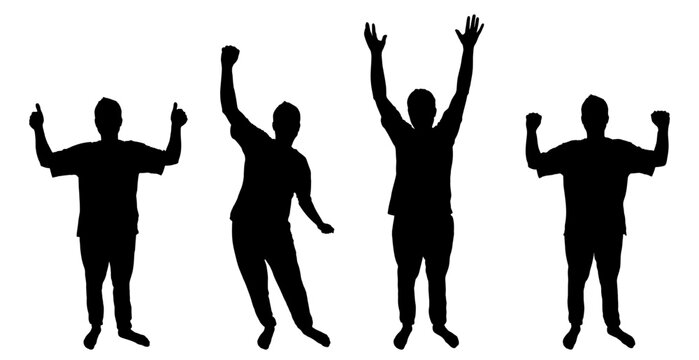 Silhouettes of man celebrating with raised arms and thumbs up, expressing joy and excitement. Set. Vector illustration