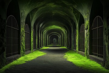 Obraz premium A cold underground prison with rusty metal bars, glowing green moss, and mysterious carvings on the walls