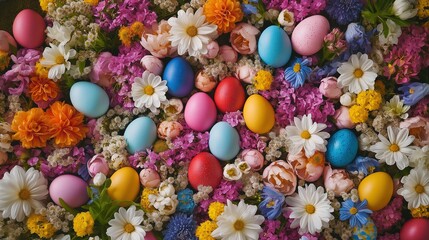 Vibrant Easter Background with Colorful Eggs and Spring Flowers Arranged in an Intricate Pattern, Ideal for Festive Decorations or Greeting Cards