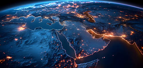 Hyper realistic digital map of Saudi Arabia, MENA region shows global network, connectivity. Blue planet earth continent, worldwide international web connection. Data transfer tech, communication,