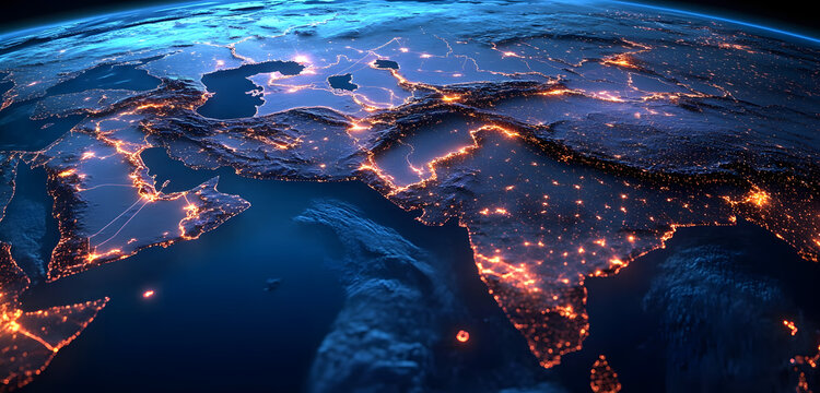 Hyper realistic digital map of Saudi Arabia, MENA region shows global network, connectivity. Blue planet earth continent, worldwide international web connection. Data transfer tech, communication,
