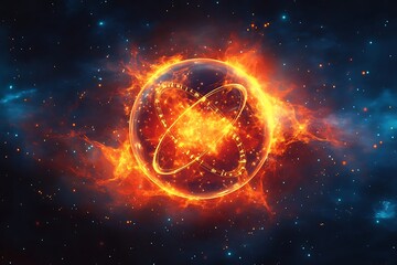Against a background containing stars, an orb is surrounded by glowing bursts. Two incomplete rings intersect. Each ring contains symbols.