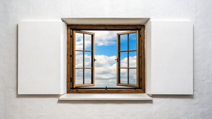 Obraz premium Open Wooden Window Framed by White Wall with Blue Sky and Clouds View