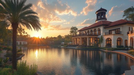 Obraz premium Sunset Serenity: Luxurious Lakeside Estate at Golden Hour