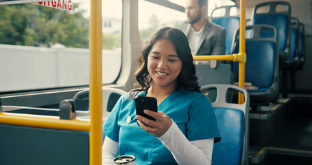 Bus, nurse and woman with smartphone, commute and communication with public transport. Person,...
