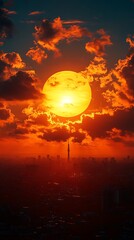 A stunning fiery sunset over a distant sprawling metropolis