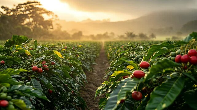 A misty mountain plantation before dawn, with ripe red coffee cherries, lush green coffee trees extending into the horizon.