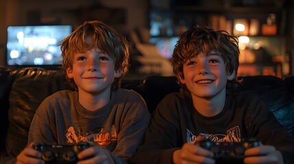 Two boys playing video games at home at night