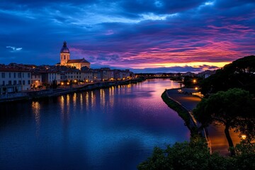 Fototapeta premium A dreamy watercolor sunset over Arles, blending soft pinks, blues, and oranges into the river and rooftops