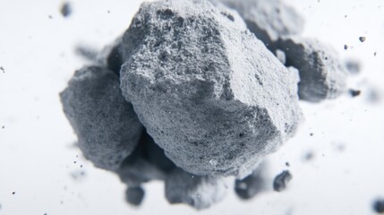 Grey rock fragments in mid-air, dispersed.  Fine, textured particles, light grey,  isolated against white background