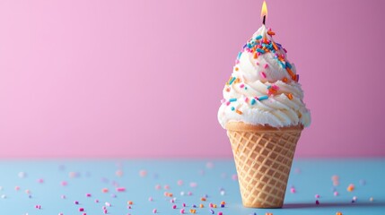 Vibrant Birthday Cake Ice Cream in a Sugar Cone with Colorful Sprinkles Topping