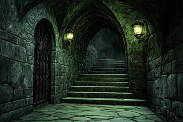 Fototapeta premium A dungeon filled with thick fog, where shadowy figures seem to lurk just beyond the visibility of the torchlight