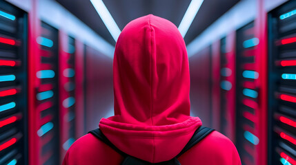 Anonymous Figure in Red Hoodie Walking Through a Brightly Lit Tech Corridor