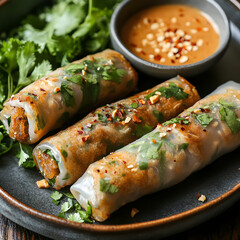 Crispy Vietnamese spring roll with peanut dip