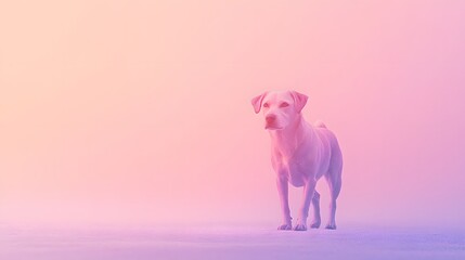 Naklejka premium Dog in dreamy pastel fog, playful puppy standing in ethereal misty landscape, perfect for calming backgrounds.