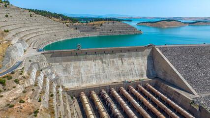 Aerial panoramic view of Ataturk Dam and reservoir Bozova Sanliurfa Birecik Turkey