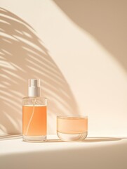 Naklejka premium Perfume bottle and a small glass bowl on a white surface. the perfume bottle is on the left side of the image and the glass bowl is in the center.