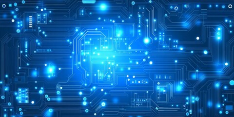 Digital Circuit Board Technology Background, Abstract Tech Design With Glowing Lines And Nodes