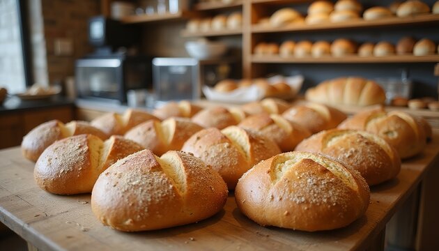 Freshly baked bread rolls with golden crust and dusting of flour on a wooden surface in a cozy bakery setting. - Powered by Adobe