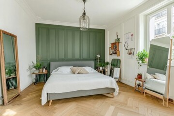 A cozy bedroom interior featuring a bed with mirrors and plants